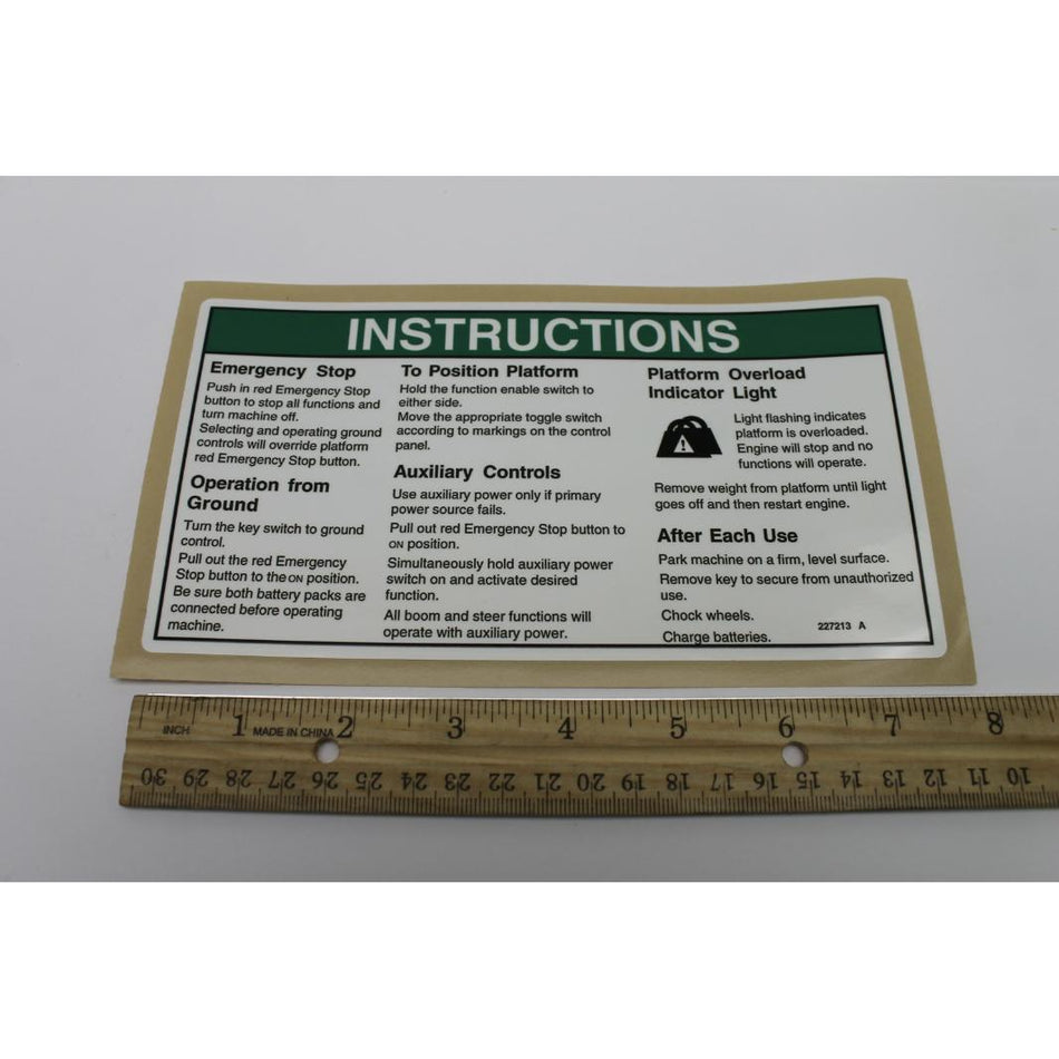 Genie Part # 227213. 227213GT - DECAL. OPER INST. DC
