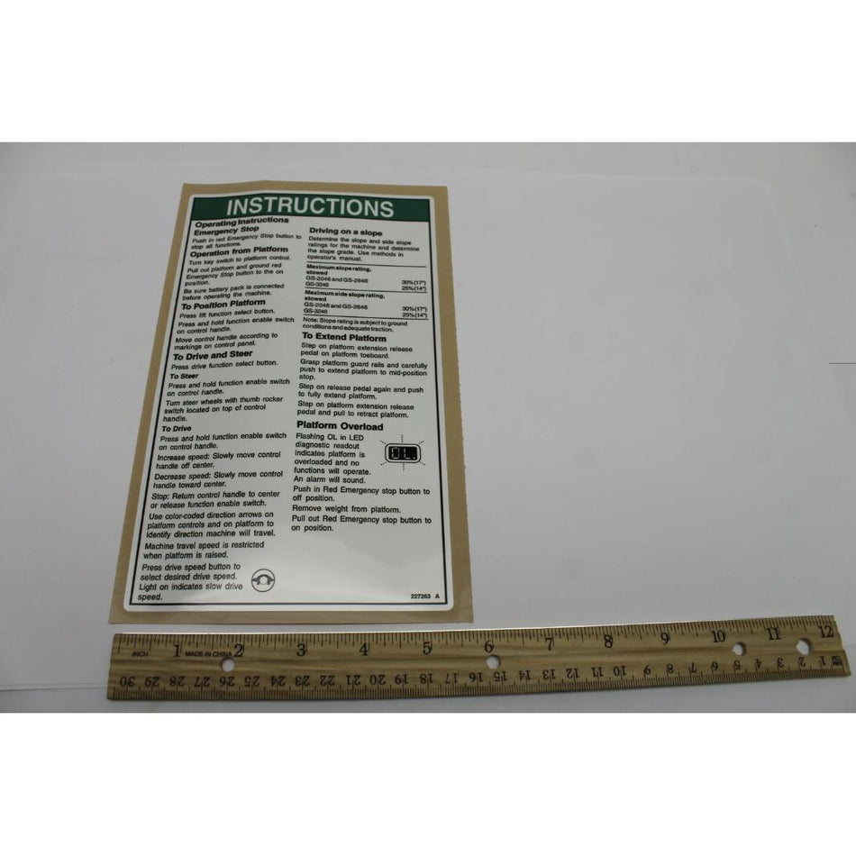 Genie Part # 227263. 227263GT - DECAL. INST. OP. PLAT. GS46. AUS