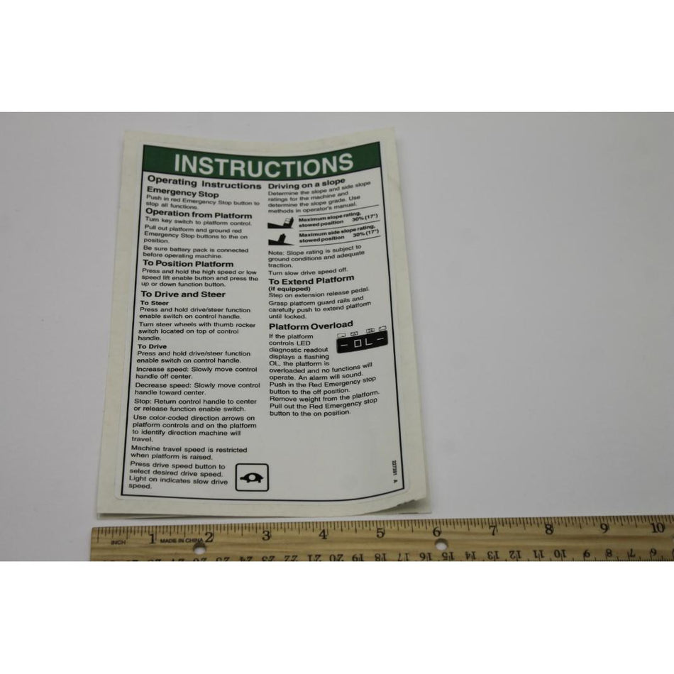 Genie Part # 227391. 227391GT - DECAL. INST. OP. PLAT. GR. AUS