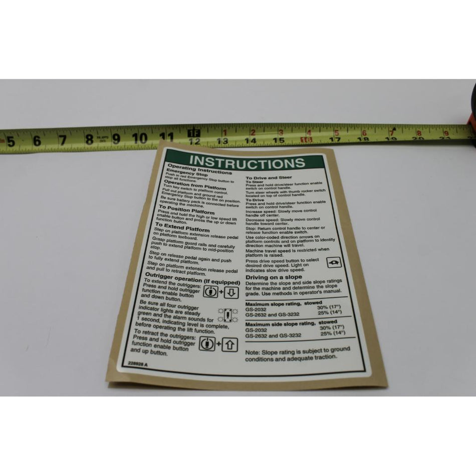 Genie Part # 228928. 228928GT - DECAL. OP INST. PCON. GS-32. ANSI