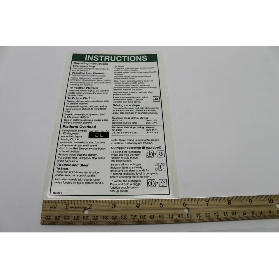 Genie Part # 228929. 228929GT - DECAL. OP INST. PCON. GS-32. AUS