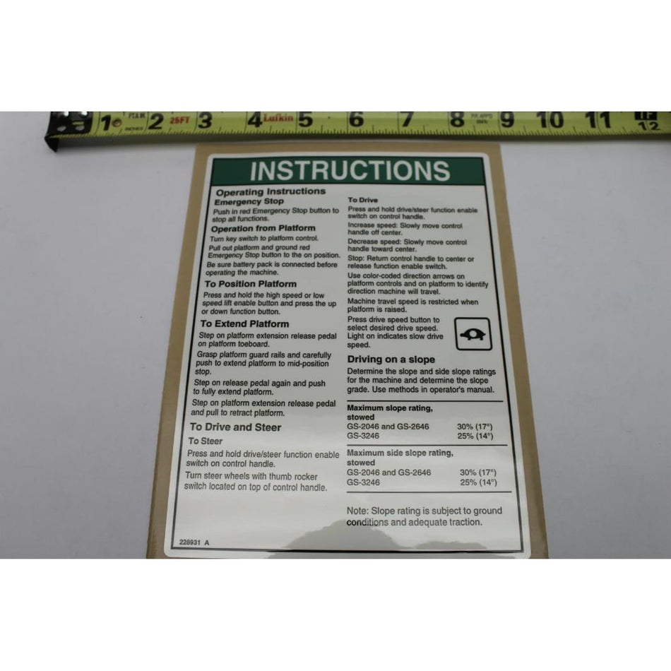 Genie Part # 228931. 228931GT - DECAL. OP INST. PCON. GS-46. ANSI