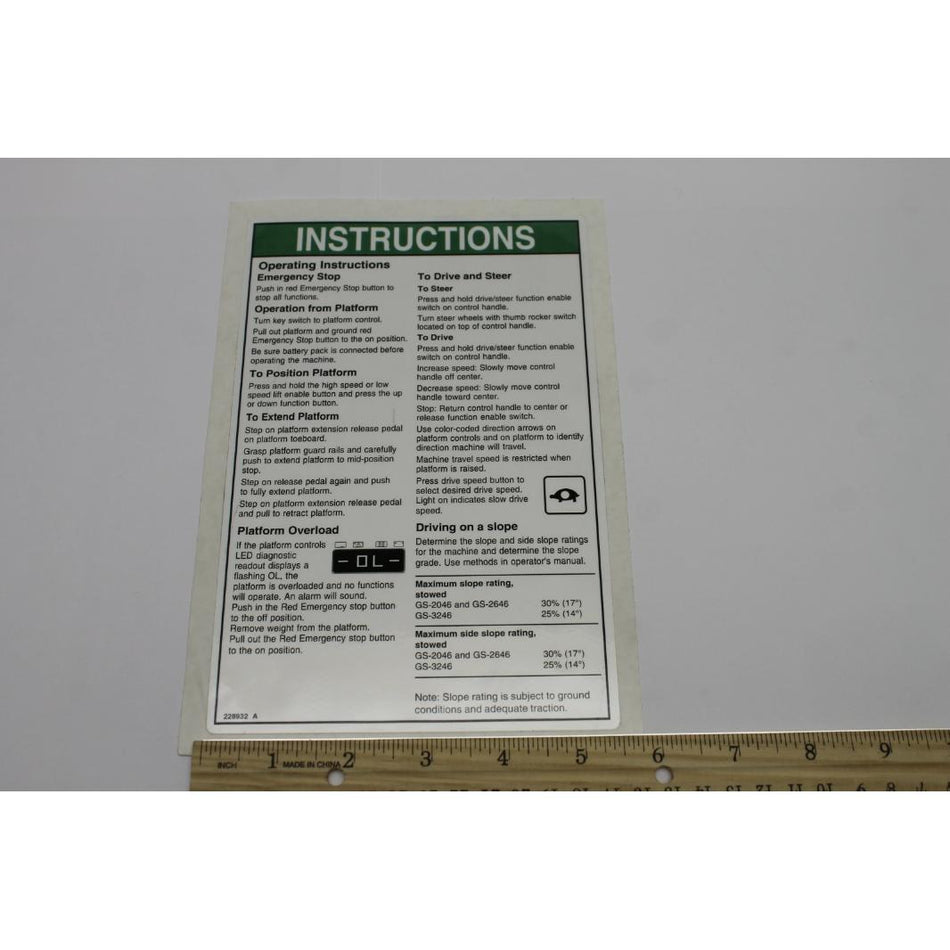 Genie Part # 228932. 228932GT - DECAL. OP INST. PCON. GS-46. AUS