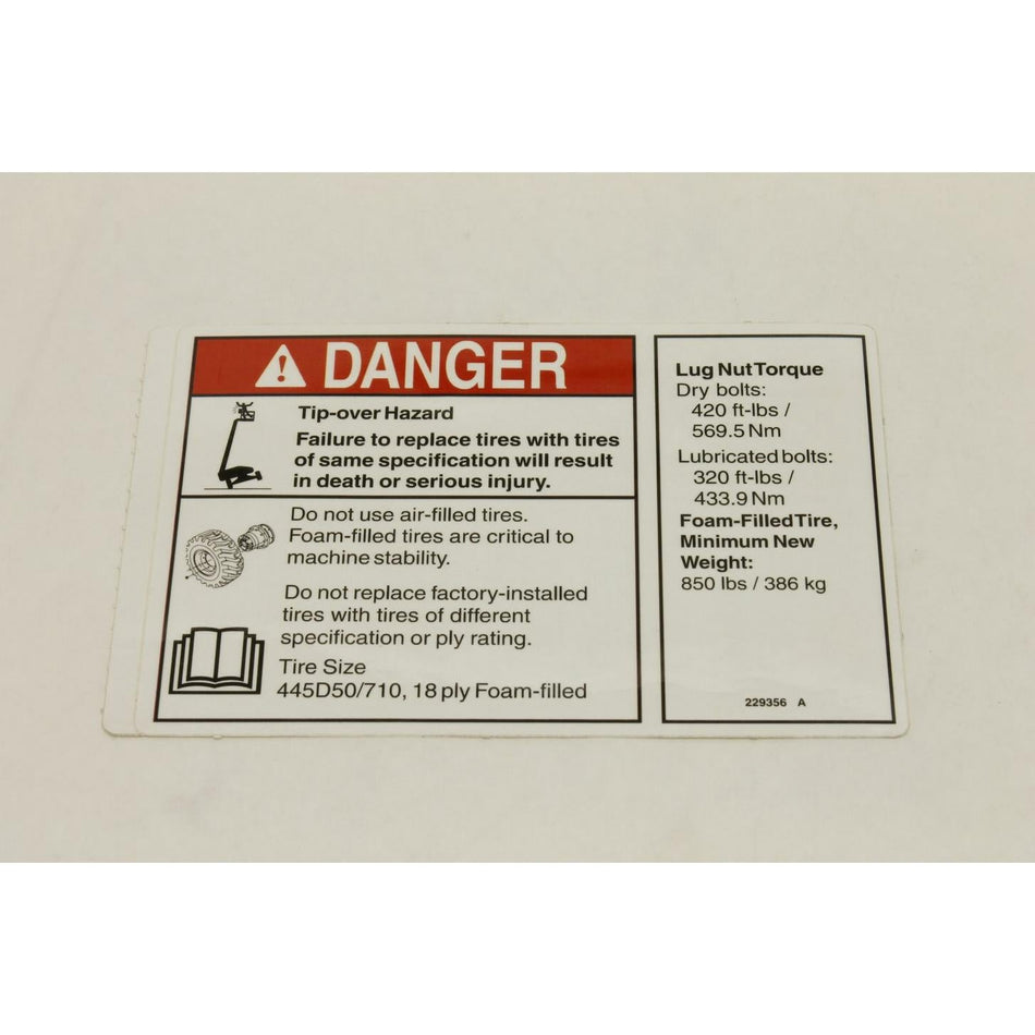 Genie Part # 229356. 229356GT - DECAL.DANGER/NOTICE.TIRESPECS.S120/125.Z135