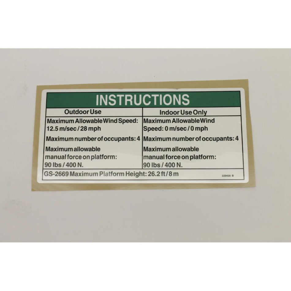 Genie Part # 229430. 229430GT - DECAL. NOTICE. SIDE FRC. 2669 AUS
