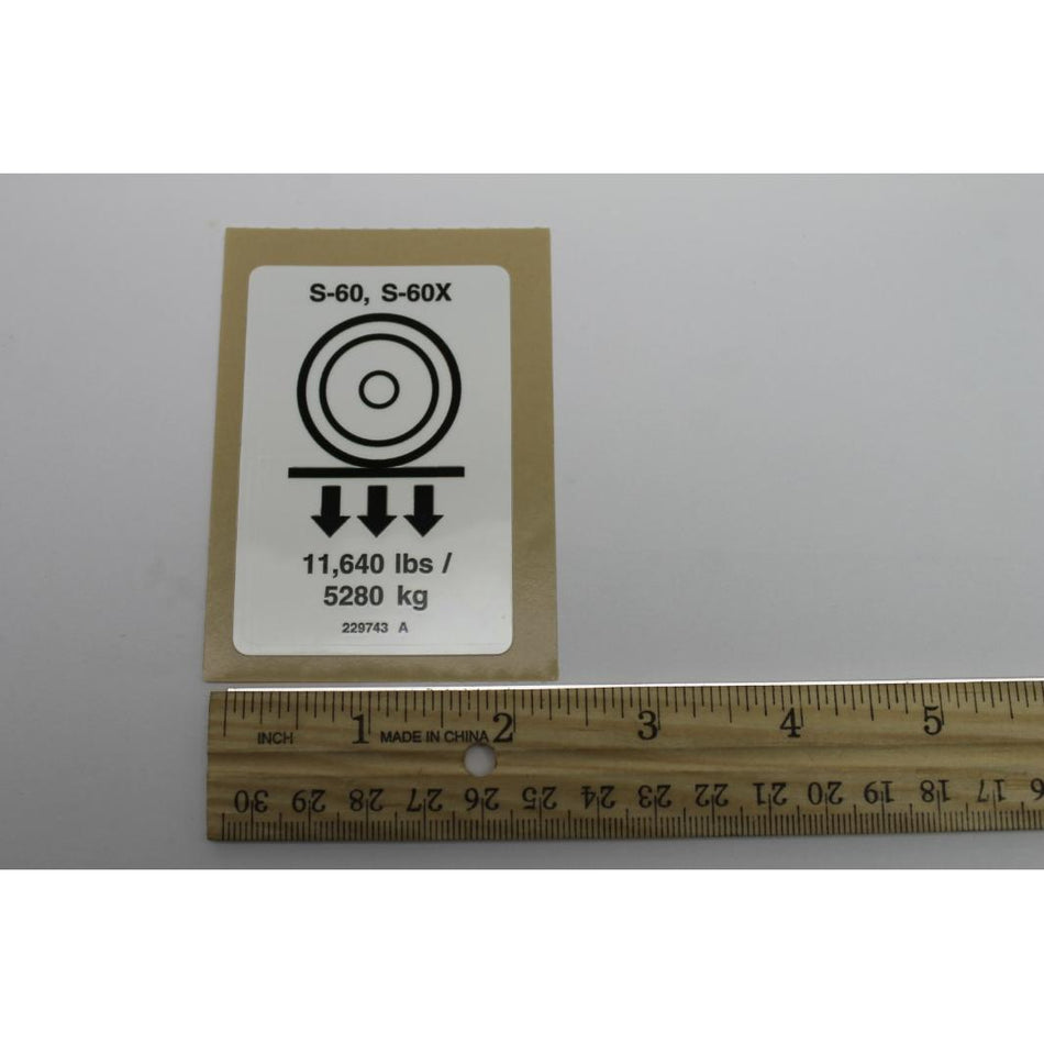 Genie Part # 229743. 229743GT - DECAL.LABEL.WHEEL LOAD S60X