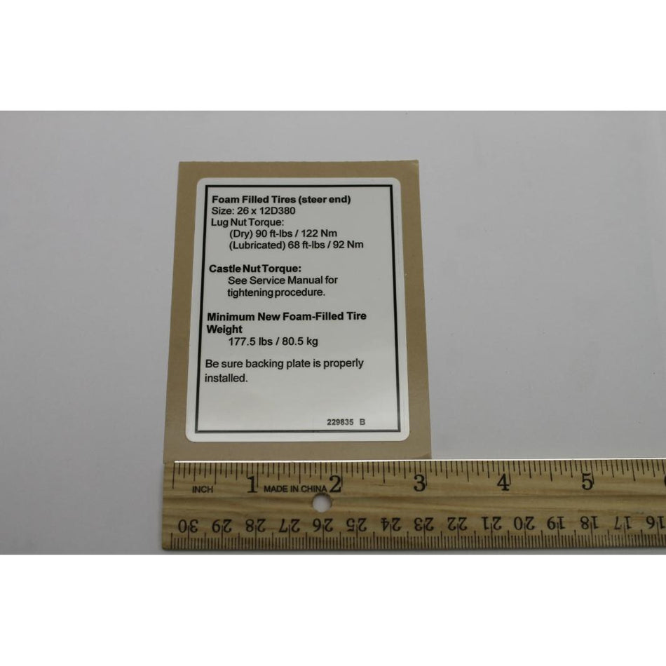 Genie Part # 229835. 229835GT - DECAL.NOTICE.TIRE SPECS