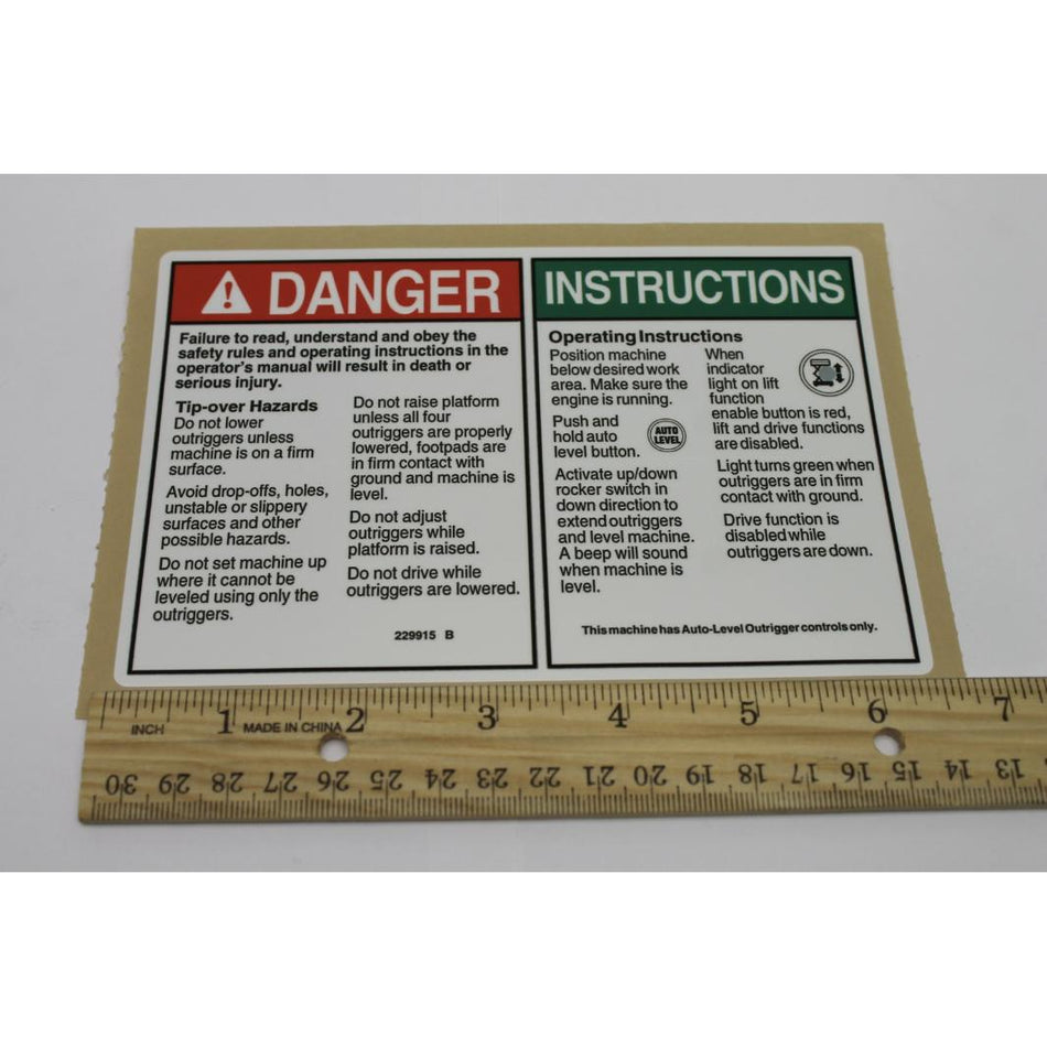 Genie Part # 229915. 229915GT - DECAL. DANGER. OUTRIGGER SAFETY
