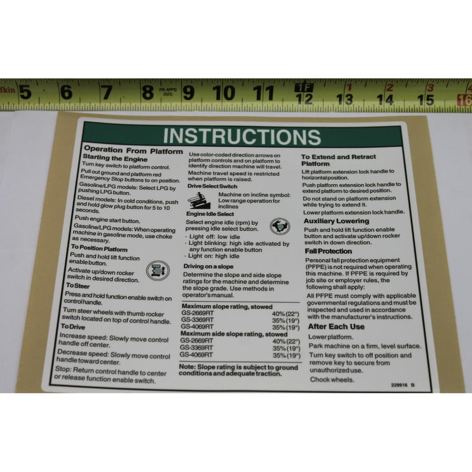 Genie Part # 229916. 229916GT - DECAL. NOTICE. INST. PLAT-GS69RT