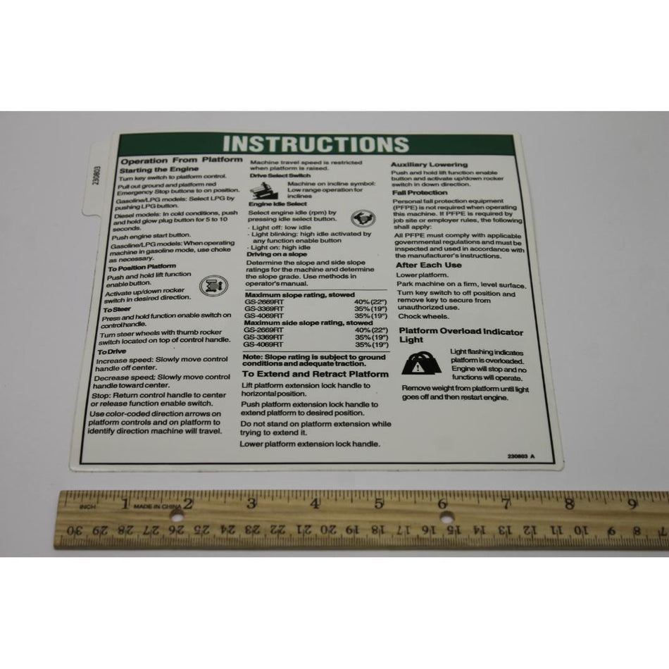 Genie Part # 230803. 230803GT - DECAL. NOTICE. INST. PLAT-GS69RT