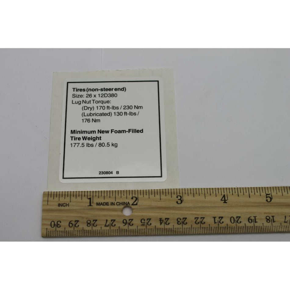 Genie Part # 230804. 230804GT - DECAL. NOTICE. TIRE SPECS. REAR