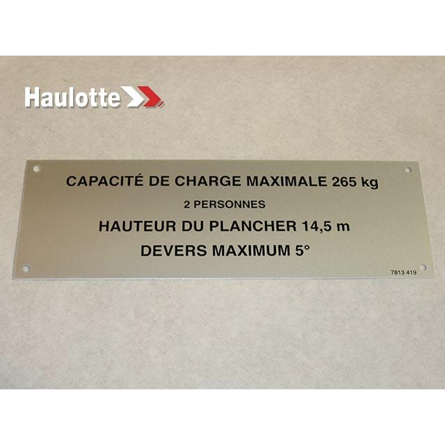 Haulotte Part # 3078134190 - LOAD CAPACITY LABEL