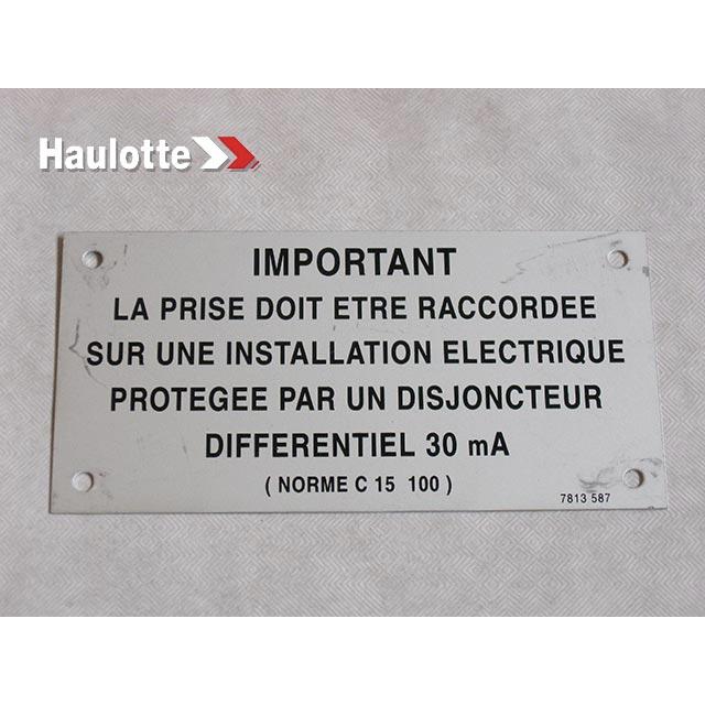 Haulotte Part # 3078135870 - THE SOCKET MUST... ALUMINIUM PLATE