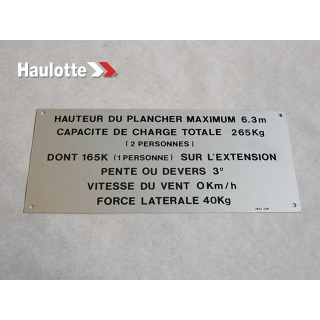 Haulotte Part # 3078137281 - FLOOR HEIGHT + LOAD LABEL