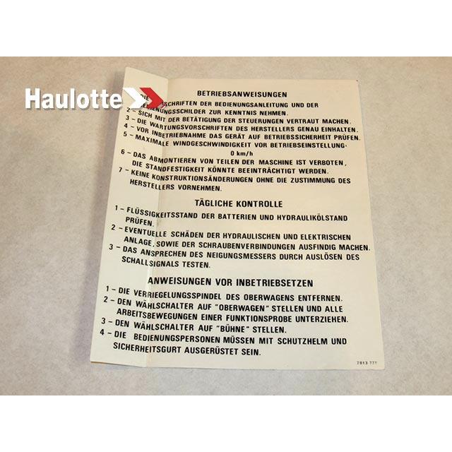 Haulotte Part # 3078137770 - OPERATING INSTRUCTION LABEL