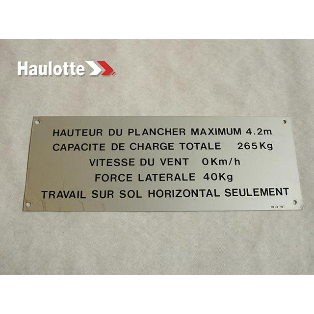 Haulotte Part # 3078137870 - FLOOR HEIGHT + LOAD LABEL