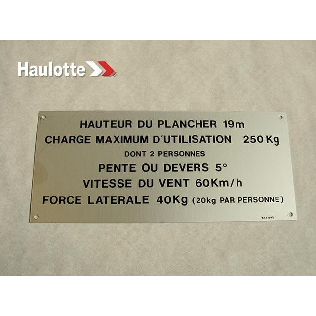 Haulotte Part # 3078138450 - FLOOR HEIGHT + LOAD LABEL