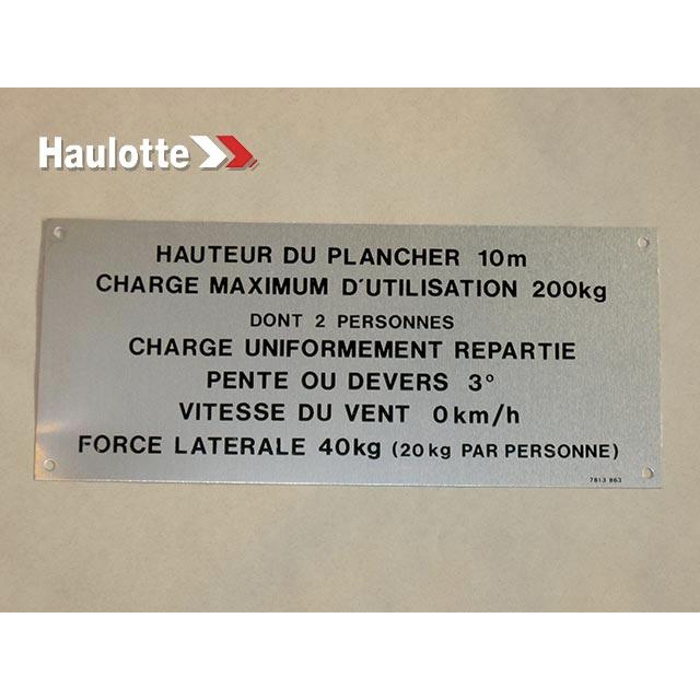 Haulotte Part # 3078138630 - FLOOR HEIGHT + LOAD LABEL