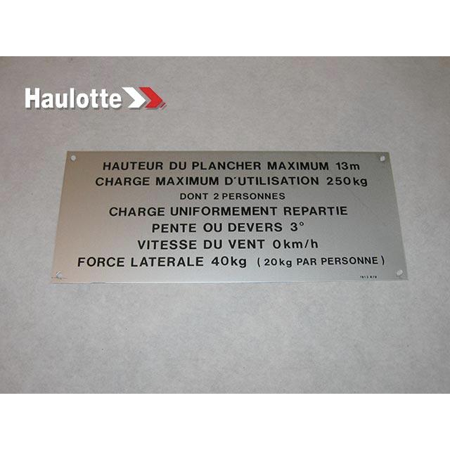 Haulotte Part # 3078138780 - FLOOR HEIGHT + LOAD LABEL