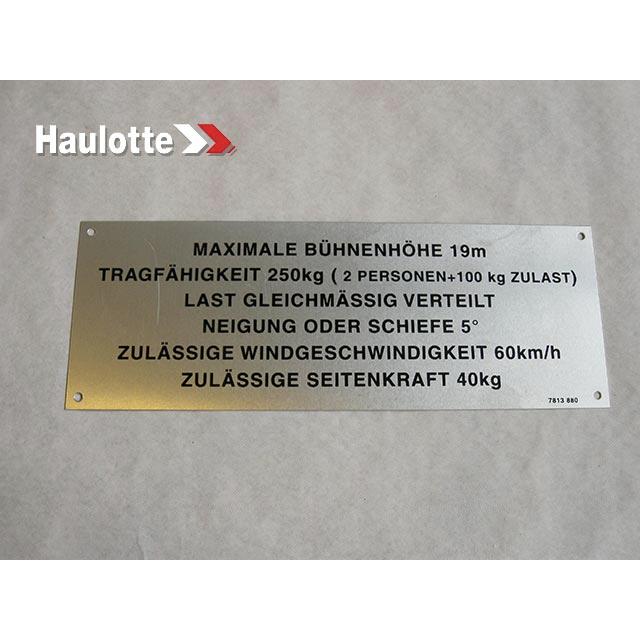 Haulotte Part # 3078138800 - FLOOR HEIGHT + LOAD LABEL
