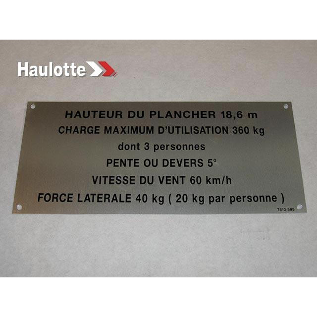 Haulotte Part # 3078138950 - FLOOR HEIGHT + LOAD LABEL