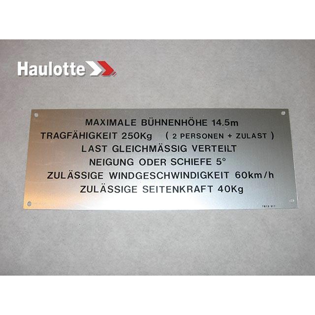 Haulotte Part # 3078139170 - FLOOR HEIGHT + LOAD LABEL