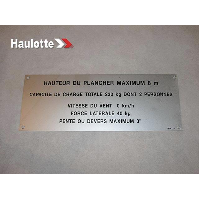 Haulotte Part # 3078140050 - FLOOR HEIGHT + LOAD LABEL