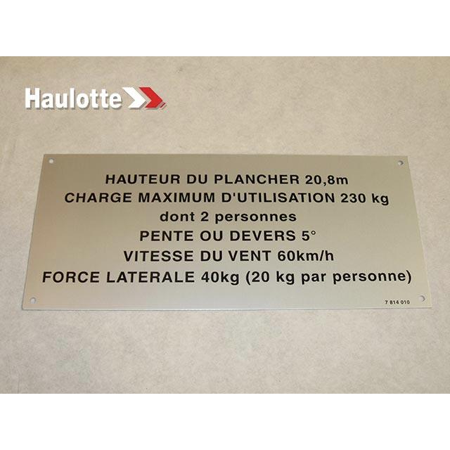 Haulotte Part # 3078140100 - FLOOR HEIGHT + LOAD LABEL