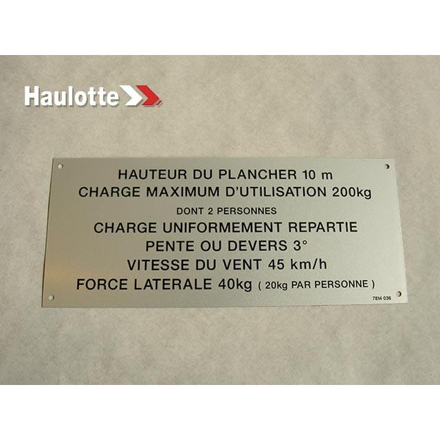 Haulotte Part # 3078140360 - FLOOR HEIGHT + LOAD LABEL