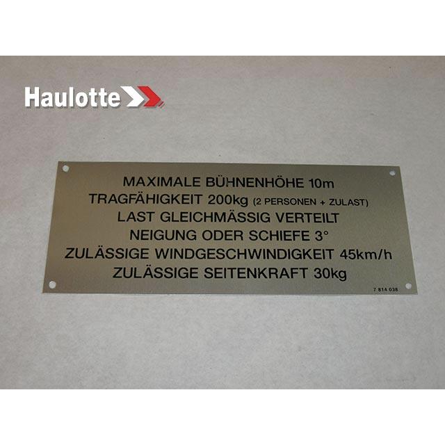 Haulotte Part # 3078140380 - FLOOR HEIGHT + LOAD LABEL