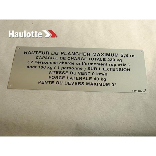 Haulotte Part # 3078140560 - FLOOR HEIGHT + LOAD LABEL