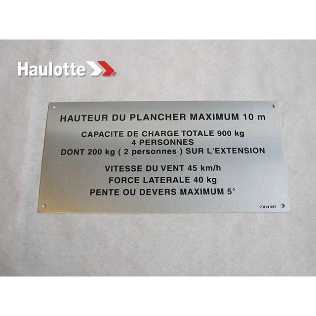 Haulotte Part # 3078140570 - FLOOR HEIGHT + LOAD LABEL