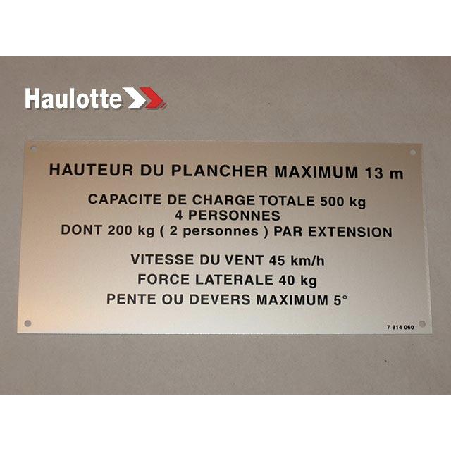 Haulotte Part # 3078140600 - FLOOR HEIGHT + LOAD LABEL