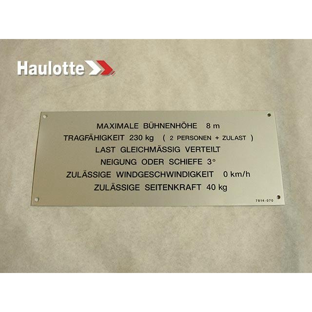 Haulotte Part # 3078140700 - FLOOR HEIGHT + LOAD LABEL