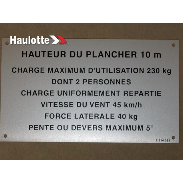 Haulotte Part # 3078140910 - FLOOR HEIGHT + LOAD LABEL
