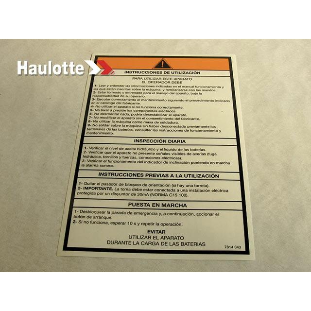 Haulotte Part # 3078143430 - OPERATING INSTRUCTIONS  LABEL