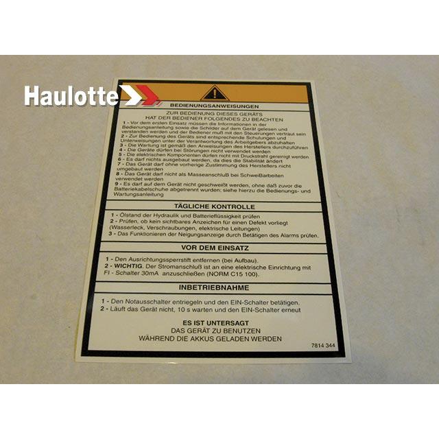 Haulotte Part # 3078143440 - OPERATING INSTRUCTIONS LABEL