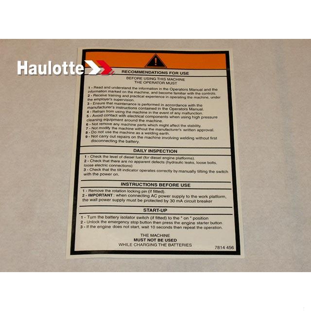 Haulotte Part # 3078144560 - OPERATING INSTRUCTION LABEL