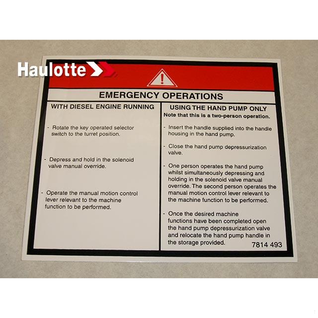 Haulotte Part # 3078144930 - DECAL EMERGENCY OPERATION