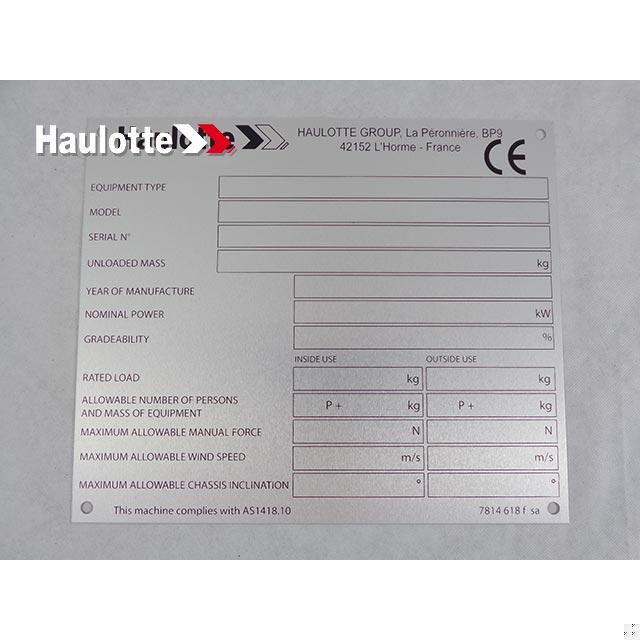 Haulotte Part # 3078146180 - MANUFACTURER S PLATE