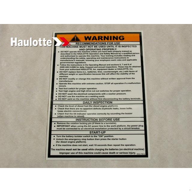 Haulotte Part # 3078147050 - OPERATING INSTRUCTION LABEL