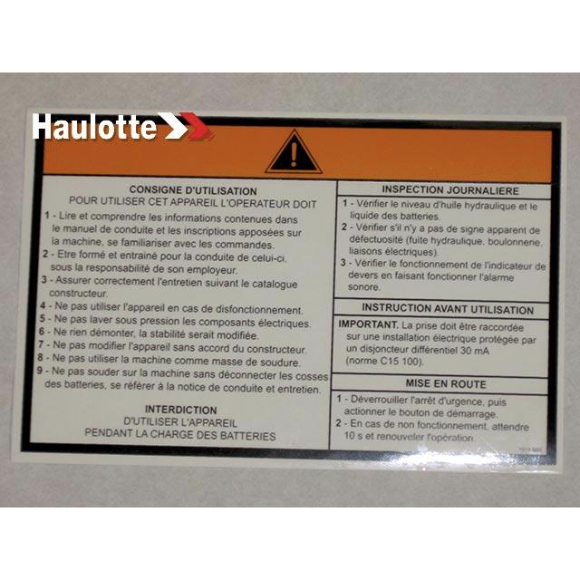 Haulotte Part # 3078149030 - OPERATING INSTRUCTIONS LABEL