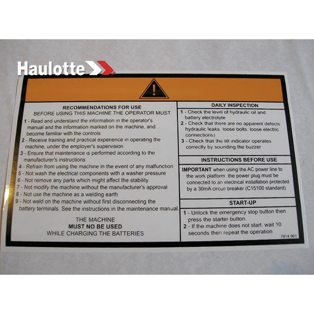 Haulotte Part # 3078149610 - OPERATING INSTRUCTIONS LABEL
