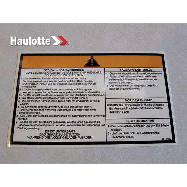 Haulotte Part # 3078149620 - OPERATING INSTRUCTIONS LABEL