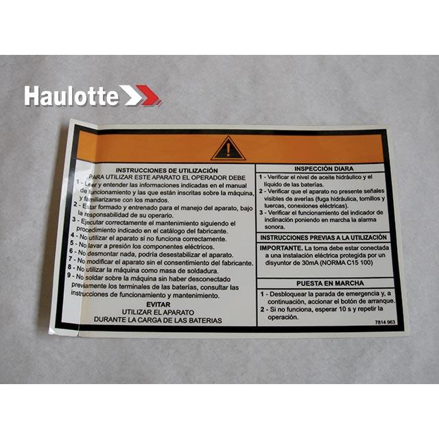 Haulotte Part # 3078149630 - OPERATING INSTRUCTION LABEL
