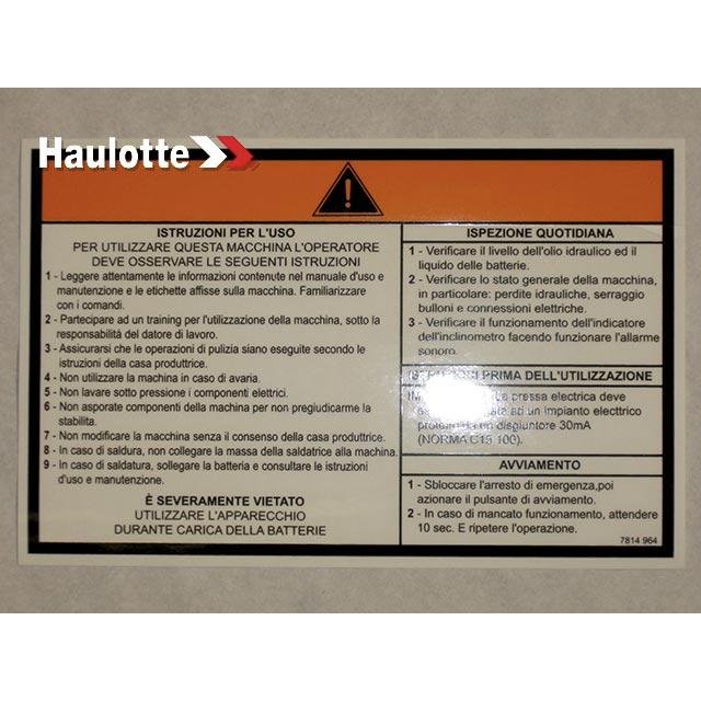 Haulotte Part # 3078149640 - OPERATING INSTRUCTIONS LABEL