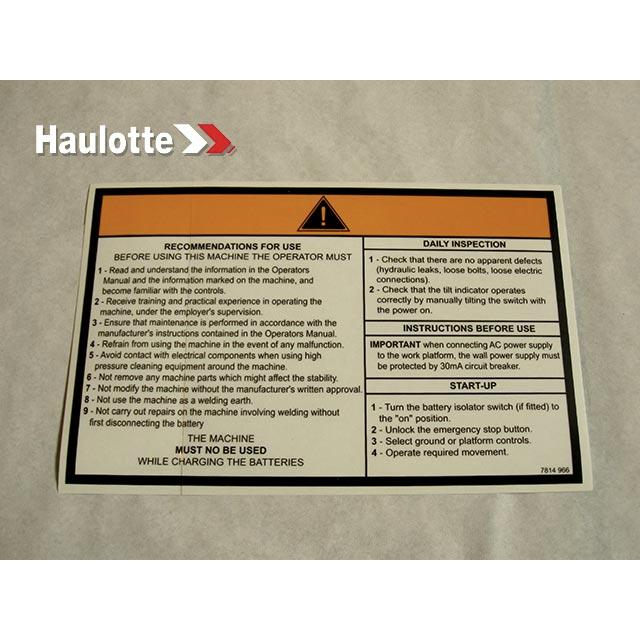 Haulotte Part # 3078149660 - OPERATING INSTRUCTION LABEL