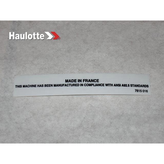 Haulotte Part # 3078150160 - MANUFACTURER PLATE