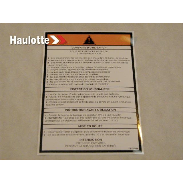 Haulotte Part # 3078150360 - OPERATING INSTRUCTIONS  LABEL