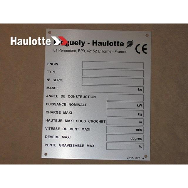 Haulotte Part # 3078150760 - MANUFACTURER PLATE